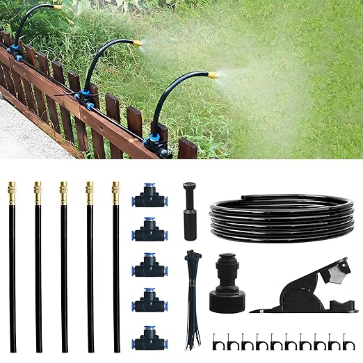 Quibbay 16.4Ft Drip Irrigation System, Automatic Garden Irrigation System with 360-degree Bending Dropper, Atomizing Watering Misting System with Copper Nozzle for Garden Plant Lawn Patio(5 Nozzles)