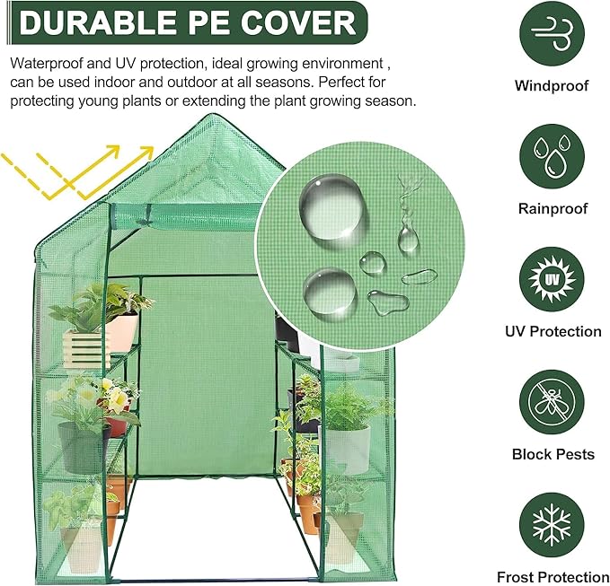 2 Tiers 8 Shelves Walk-in Green House, Portable Greenhouse w/Durable PE Cover, Roll Up Zipper Door, Steel Frame Greenhouse w/ Ground Pegs, Ropes for Garden, Patio, Backyard