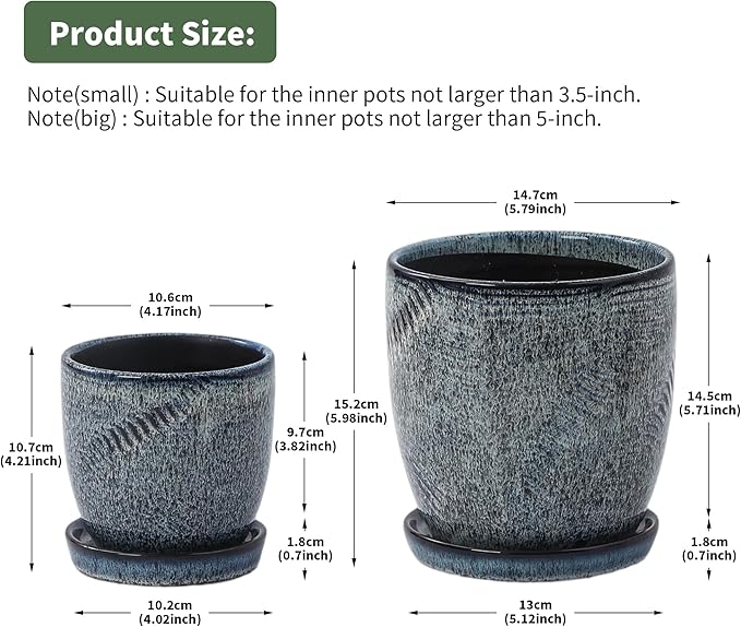 Set of 2 Ceramic Planters with Drainage Holes & Saucers - 4 + 5.75 Inch Blue & White Reactive Glaze Flower Pots - Unique Decorative Succulent Orchid Pots for Indoor Outdoor Coastal Home Decor
