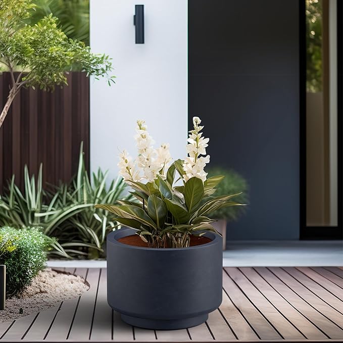 Kante 15.7 Inch Dia Concrete Planter, Round Pedestal Design Garden Pot for Indoor Outdoor Plants, Modern Flower Pot with Drainage Hole, Charcoal