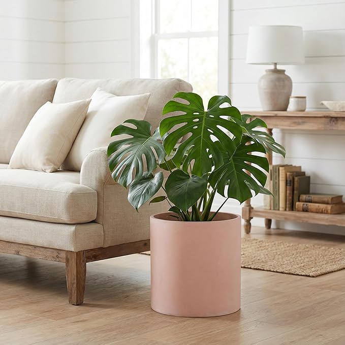 FaithLand 12 Inch Fiberstone Planter - Lightweight Modern Cylinder Plant Pot with Drainage Hole & Plug, Indoor Outdoor Use, Terracotta Color