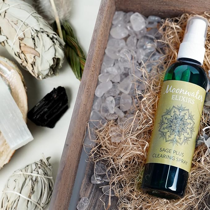 White Sage Energy Cleansing Smudge Stick & Spray for Negative Energy Removal, Reiki and Quartz Charged, Full Moon Enhanced, Aura Healing, Space Clearing, Spiritual Defense, Protection (8oz)