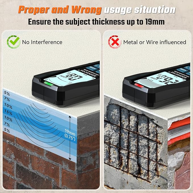 Pinless Moisture Meter for Drywall & Concrete – Digital Drywall Moisture Tester with 3-Color LCD Display, Audible Alarm & HOLD Function – Ideal for Firewood, Lumber, Home Inspections (Black)