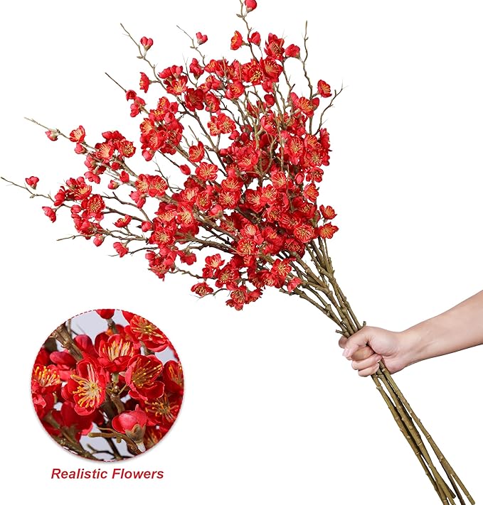 florisso 6 PCS Artificial Cherry Blossom Branches Spring Indoor Decoration, Faux Red Flowers 34.45" Long Stems Fake Plum Peach Plants Real Touch Silk for Wedding Home Bedroom Party Table Office