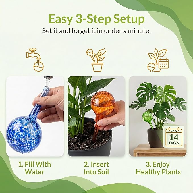 Little Green Leaf Automatic Plant Watering Globes Self Watering Planter Inserts (Set of 6) | Hands Free Multicolor Glass Bulbs | Planter Spikes to Support Indoor & Outdoor Plant Health (350ml)