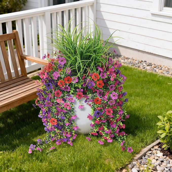 Artificial Hanging Flowers with Wheat Grass for Outdoors, 5 Pcs Fake Hanging Plants for Spring Decor, UV Resistant Faux Silk Flower Greenry for Planter Porch Patio Yard Garden(Mixd Purple Red)