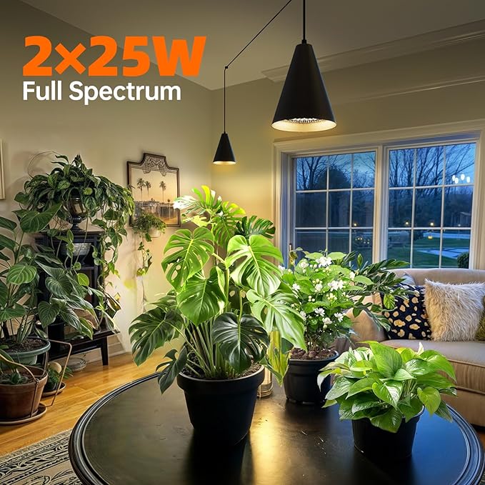 Bstrip 50W Double-Head One Cord Grow Lights for Indoor Plants full Spectrum 3000K, Black LED Grow Light Bulb with Timer & 16.4FT Power Cord, Perfect for Tall Plants, Flowers, and Greenhouses in Winter