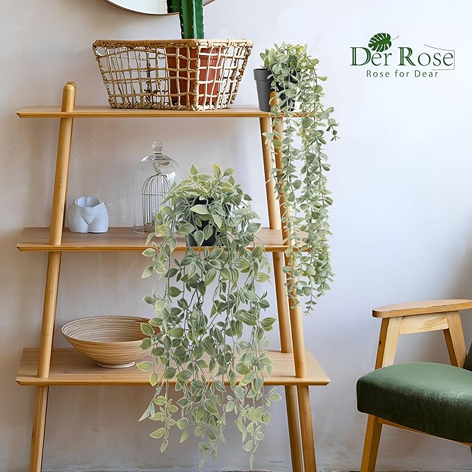 Der Rose 2Pcs Fake Plants Hanging Artificial Decor Faux Potted Eucalyptus and Pea Pod Plants for Boho Bathroom Home Office Desk Wall Shelf Bookcase Accessories Decor Indoor