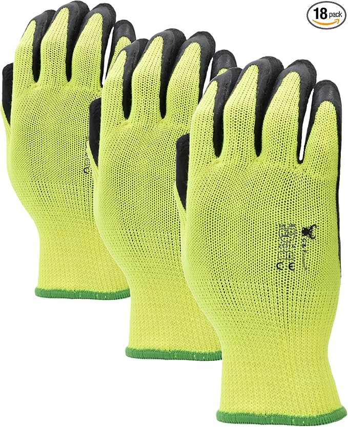 1516 6 Pairs Pack Premium High Visibility Low emissions Green Work and gardening Gloves for Men and Women.MicroFoam Textured Coated Palm and Fingers Gloves for Gardening Work, Size Large (Pack of 3)