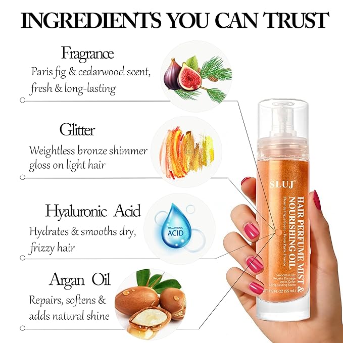 SLUJ Hair Perfume for Women - Hair Mist with Argan Oil & Bronze Shimmer, Lightweight Hair Oil Spray for Dry Hair, Heat Protection Spray for Hair, Long Lasting Hair Scent