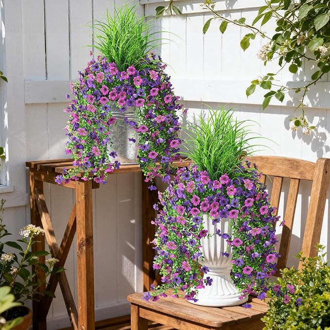 Hommyea Artificial Hanging Flowers for Outdoors with Wheat Grass, 5 Pcs Fake Hanging Plants for Spring Decor, UV Resistant Faux Silk Flower Greenry for Planter Porch Patio Yard Garden(Double Purple)