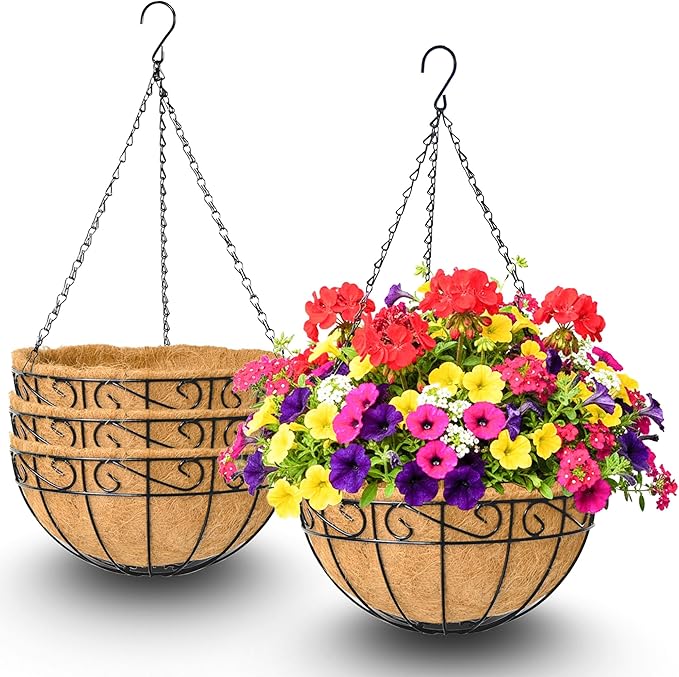 4 Pack 12 Inch Hanging Baskets for Plants Outdoor Metal Hanging Planters Round Hanging Flower Pots with Coco Coir Liner Plant Holder for Outdoor Patio Garden Balcony Decor - Flower Border