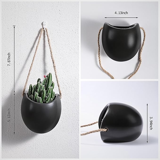 Set of 3 Small Ceramic Hanging Planters for Indoor Plants, Wall Decor for Bathroom Living Room Bedroom Home Kitchen Office Corridors