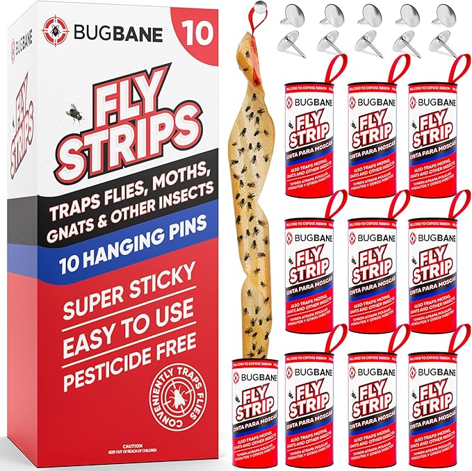 Fly Strips Indoor Sticky Hanging 10pk with Pins. Non Toxic Outdoor Fly Trap Indoor for Home. Flies Tape Paper Trap Ribbon Roll for House Gnat Fruit and Housefly. Bug Catchers for Inside Home Flypaper.