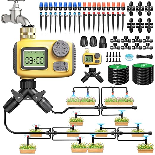 246FT Drip Irrigation System with LCD Timer, Automatic Watering System Kits,1/2 Inch Hose 1/4 Inch Distribution Tubing 3 Sprayer Types, for Garden, Greenhouse, Garden, Lawn