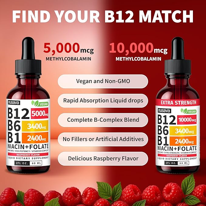 (4 Pack) Vitamin B12 and B6 Liquid Drops, B12 Sublingual Vitamin B Complex - B 12 Vitamin 5000mcg - B12 Methylcobalamin for Energy, Brain, and Heart Support with 27,200 mcg, Raspberry, 80 Servings
