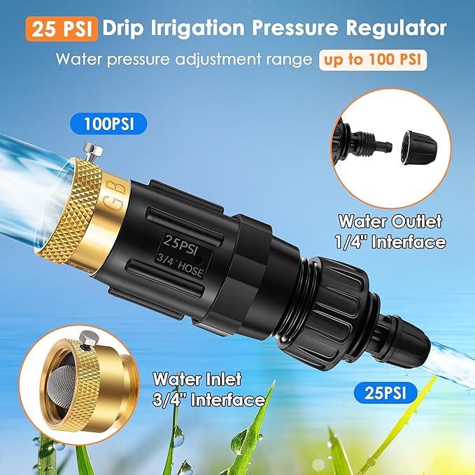 Drip Irrigation Faucet Adapter 25 PSI, 1/4" Tubing Quick Connect to 3/4" Garden Hose with Backflow Preventer, Filter, Tape, Pressure Regulator, Copper Drip Irrigation System Fittings (2 Pack)