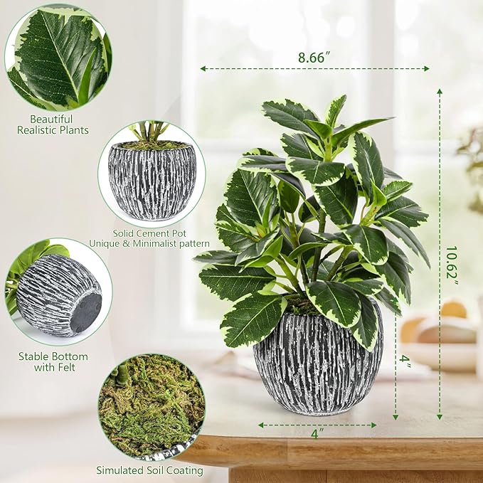 Artificial Plants Indoor Outdoor, Faux Variegated Oak Leaf Plant, Fake Potted Plants Artificial Decor for Coffee Table Desk Shelf, Faux Plants Indoor for Living Room Bathroom Bedroom Entryway Office