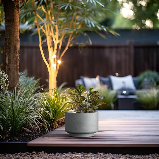 Kante 12.6 Inch Dia Concrete Planter, Round Pedestal Design Garden Pot for Indoor Outdoor Plants, Modern Flower Pot with Drainage Hole and Rubber Plug, Natural Concrete