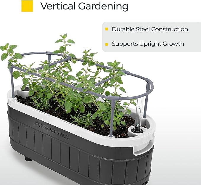 Permasteel Herb Garden Planter with Trellis Support, Self-Watering System with Water Level Indicator, Fits Multiple Herb Plants, for Basil, Flowers, Succulents, Indoor & Outdoor, Black