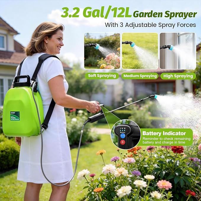 Battery Powered Backpack Sprayer 3.2Gallon, Electric Sprayer with 3-Adjustable Sprayings, Battery Indicator, 5 Nozzles, 41" Retractable Wand, Rechargeable Garden Sprayer for Weed, Lawn&Yard