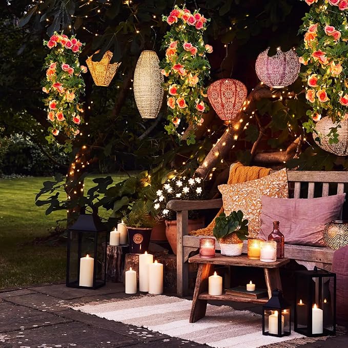RECUTMS 2pcs Artificial Hanging Plants 32 in Fake Plant Ivy Vine Outdoor, Hanging Champagne Rose Flower Wall Sconce, UV Resistant Plastic for Valentines Day Wall Hanging Decorations(Champagne)