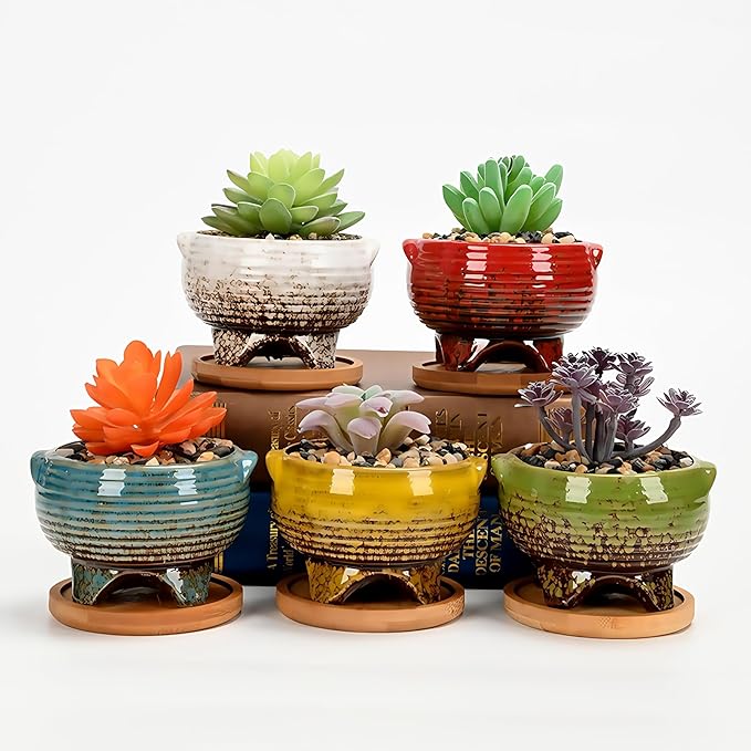 Cute Circular Ceramic Home Garden Decoration Succulent Cactus Flower Pots Container with Bamboo Tray -Plant Not Included (Yellow, 4.02 Inch)