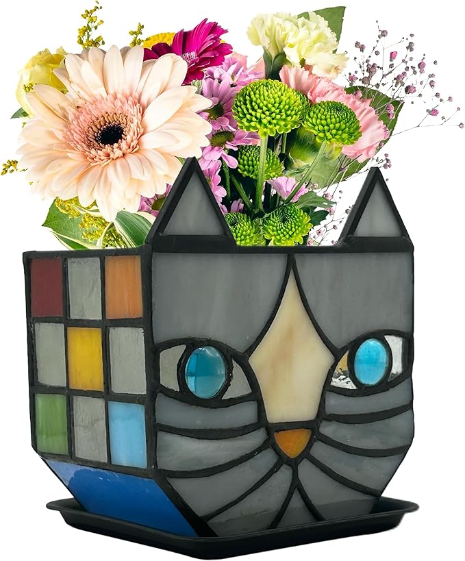 Unique Stained Glass Gray Cat Planter, Plant Pots Indoor,Indoor Flower Pots with Drainage,Window Sill Cat Decoration Gift,4.6x5.15x3IN