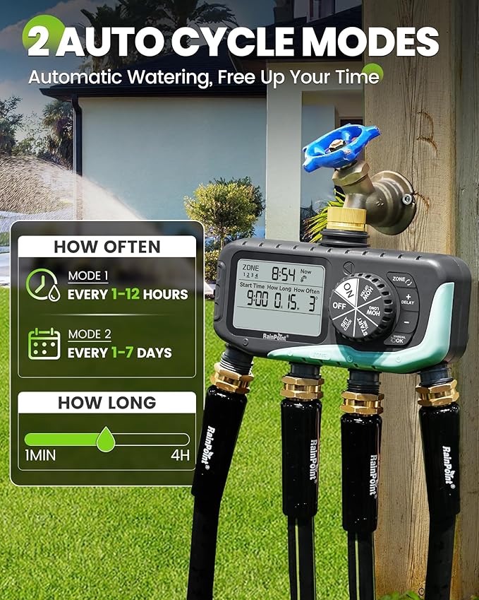 RAINPOINT Sprinkler Timer 4 Zone, Water Timer for Garden Hose, for Soaker Hose with Rain Delay/Manual/Automatic Watering System, Digital Irrigation for Yard, Lawn Brass Inlet