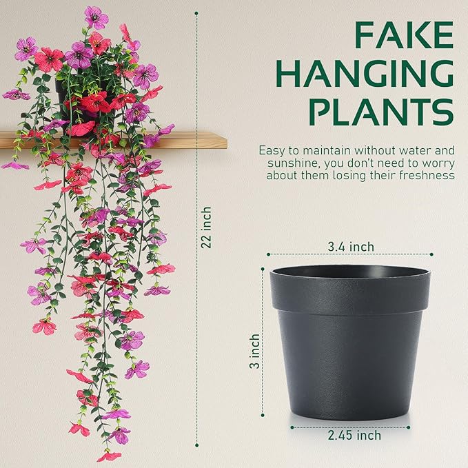 Fake Plants Hanging Artificial Potted Faux Eucalyptus Plants and Flowers for Modern Boho Farmhouse Bathroom Office Desk Wall Book Shelf Living Room Aesthetic Decor Indoor (Purple & Rose Red)
