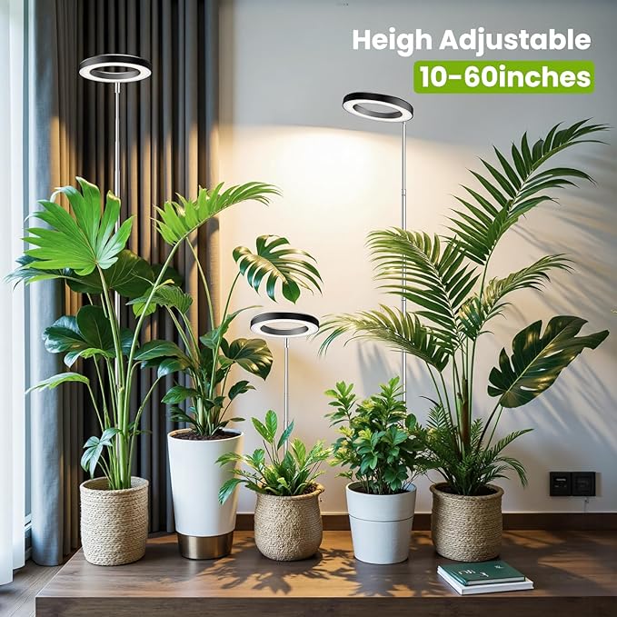 Kullsinss Black Grow Light, Full Spectrum LED Plant Lighs for Indoor Growing with 6/12/16H Timer, 3 Color Modes, 5 Brightness, 10"-60" Height Adjustable Grow Lamp for Tall Indoor Plants (3 Pack)