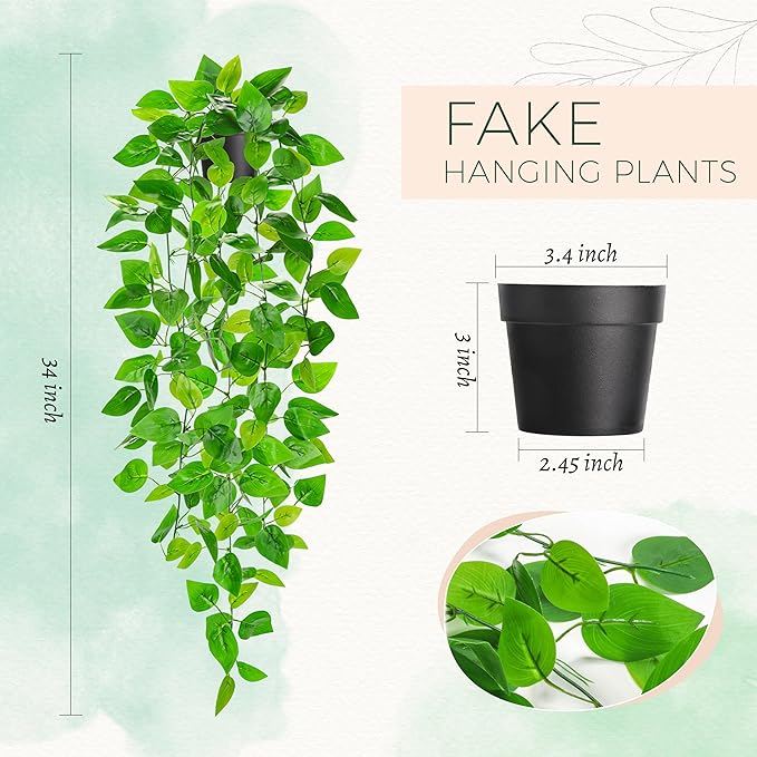Der Rose 1Pcs 34'' Fake Hanging Plants Artificial Potted Faux Hanging Plants Indoor Pothos Vines for Home Bathroom Bedroom Wall Shelf Decor