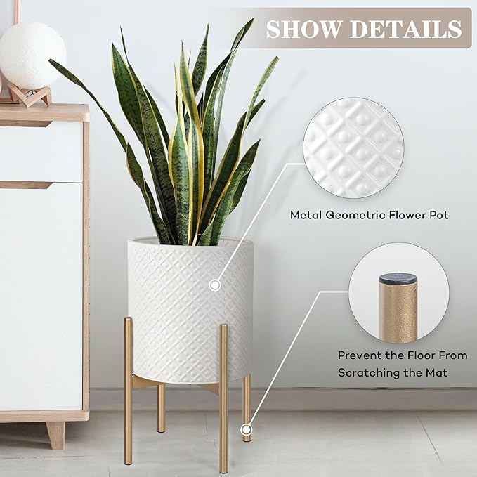 Oakrain Planters for Indoor Plants, Set of 2 Modern Planter with Stand, Decorative Metal Planter Pots for Living Room, Office, Garden, Balcony, 8"&10", Cream White