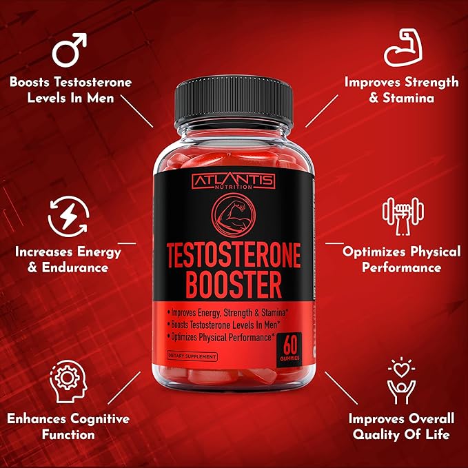 Atlantis Nutrition Testosterone Booster Gummies For Men - Enhances Strength & Stamina - Optimizes Performance & Male Enhancement - Tribulus, Goat Weed Extract, Maca Root Extract | 2-Pack (120 Gummies)