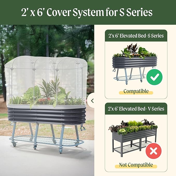 Vego garden Netting Cover System for 2.0' x 6.0' Elevated Rolling Garden Bed-S Series, 35% Shading Rate for Plant Protection, Pest Control Frame Cover, Durable & Heavy-Duty (Garden Beds Not Included)