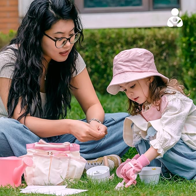 ROBOTIME Kids Gardening Set, 17PCS Kids Gardening Tools for Girls, Toddler Gardening Set with Hat, Apron, Gloves, Watering Can & Tool Bag – Outdoor Garden Toy Kit (Pink)