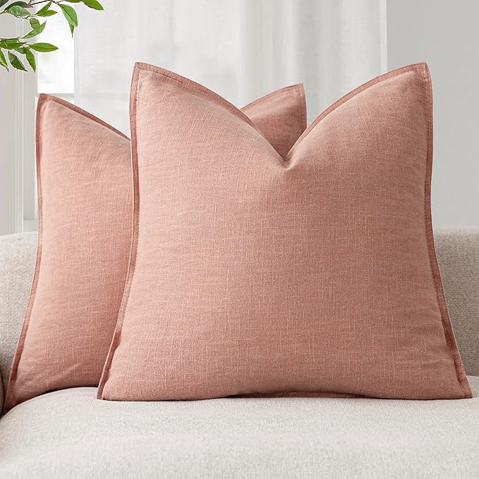 Foindtower Pack of 2, Decorative Linen Soild Throw Pillow Covers Soft Accent Euro Cushion Case Boho Farmhouse Pillowcase for Chair Couch Sofa Bedroom Living Room Home Decor 26 x 26 Inch Coral Pink