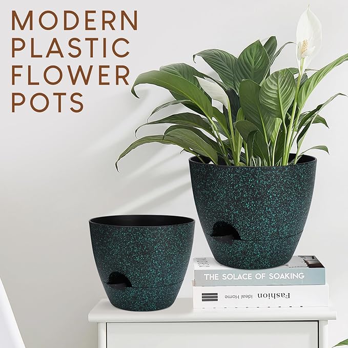 YNNICO Plant Pots 10/9/8/7.5/7 inch, Self Watering Planters with Drainage Holes & Saucers for Indoor and Outdoor Plants (Green Speckles)