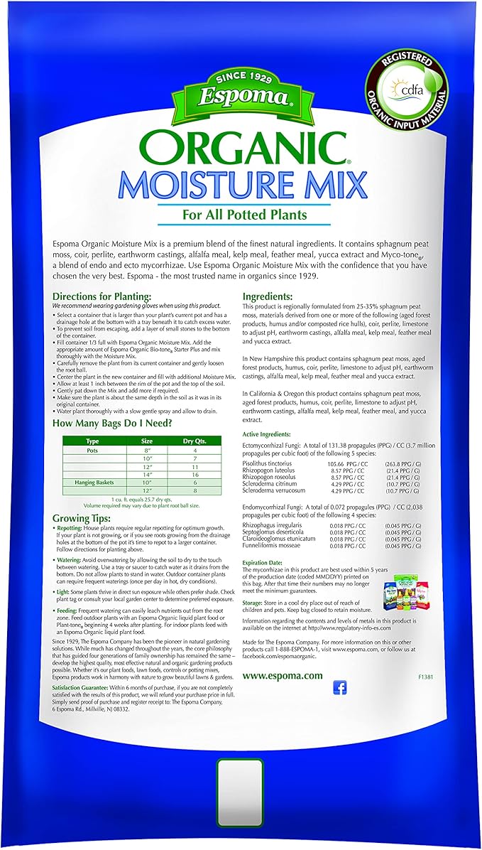 Espoma Organic Moisture Mix Potting Soil - All Natural Potting Mix For All Indoor & Outdoor Containers For Organic Gardening, 1 cubic foot bag. Pack of1