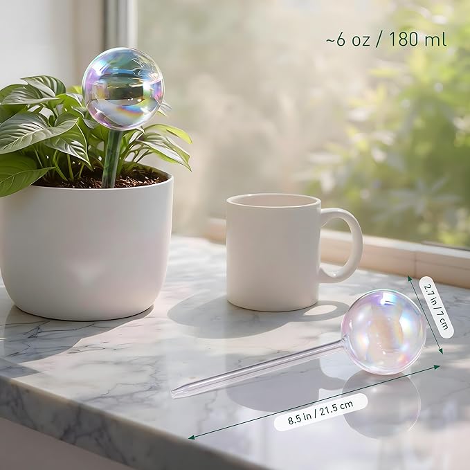 Soilagua Extra-Thick Clear Glass Plant Watering Globes, Rainbow Gradient Self Watering Globes, Automatic Plant Waterer, Self Watering Planter Insert Spikes Devices for Everyday or Vacation Use, 6-Pack