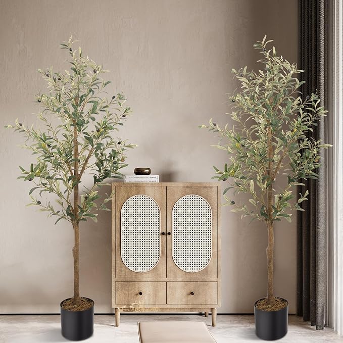 Artificial Fake Olive Tree 5FT Tall 2Pack Faux Silk Olive Tree for Home Living Room Office Decor Faux Artificial Plants Indoor Fake Potted Plants with Fruit & Free Moss