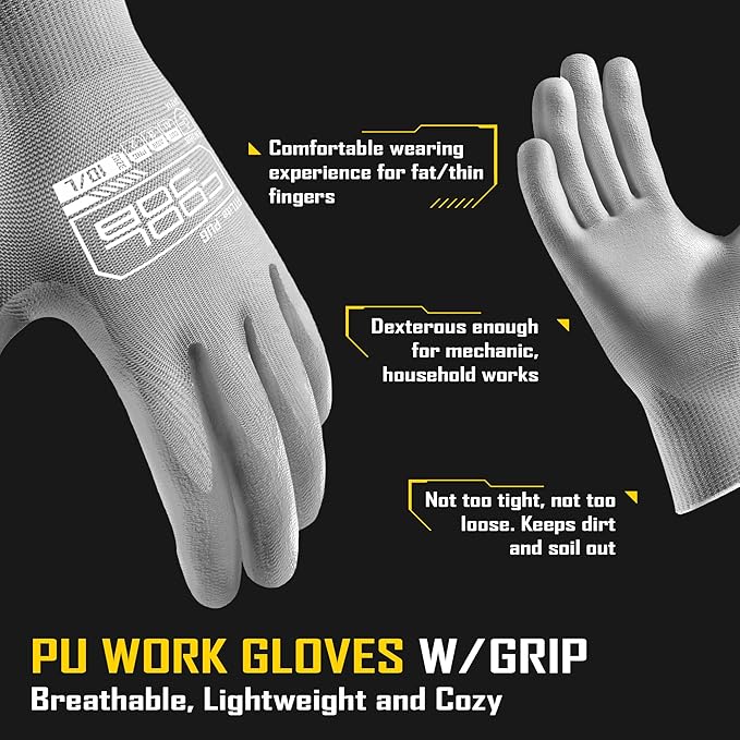 COOLJOB 60 Pairs Safety Work Gloves Pack Bulk with Grip PU Coating, 13 Gauge Seamless Knit Gloves with Polyurethane Dipped for Warehouse Working, Breathable Lightweight for Men Women, Grey Medium
