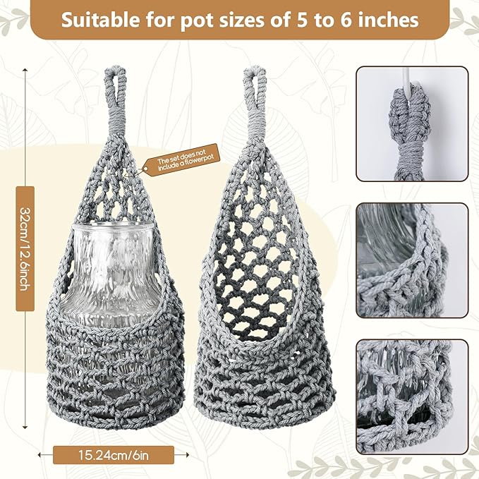 Macrame Wall Plant Hanger, Hanging Planter Basket Holder, Wall Planters for Indoor Plants, for Up to 6 Inch Pot (Grey, 6-Inch)