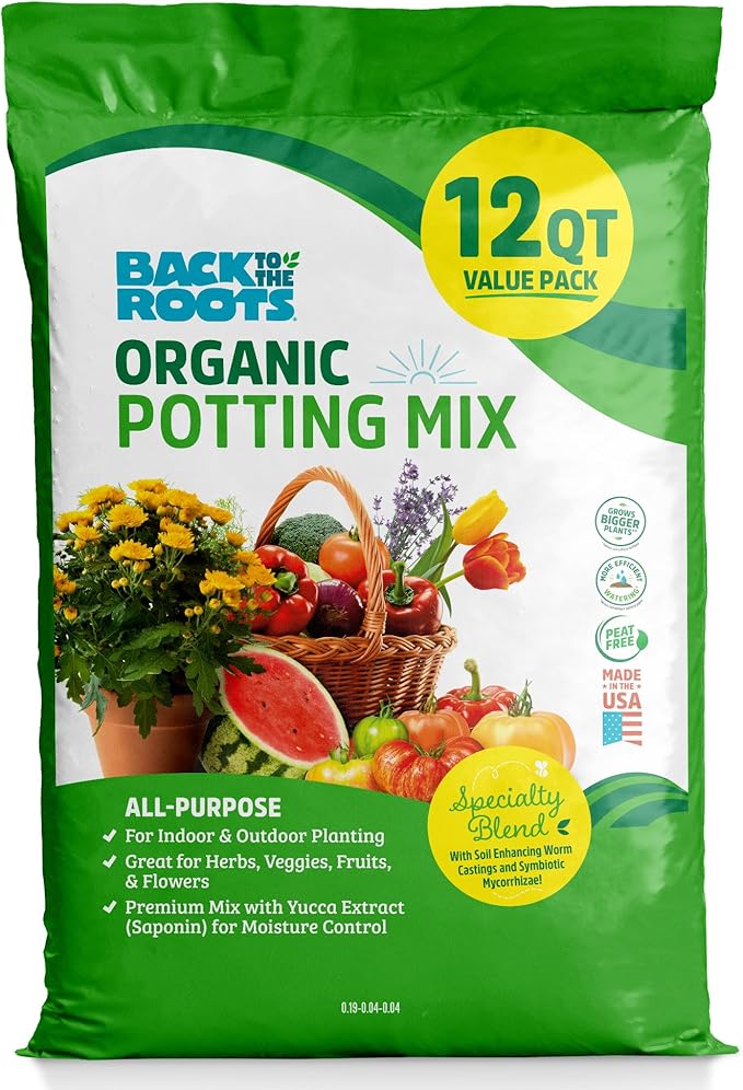 Back to The Roots All-Purpose Potting Mix 6 Quarts (Best Value), 100% Organic & USA Made for Herbs, Veggies, Flowers, w/Nutrient Rich Plant Food, Worm-Castings, & Moisture Controlling Yucca, 2 Packs