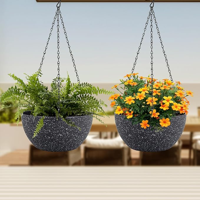 Meowell 10 inch Hanging Planters for Indoor Outdoor Plants, 2 Pack Hanging Flower Plant Pots with Drainage Holes and Chain for Garden Porch, Plastic Hanging Baskets for House Plants, Speckled Black