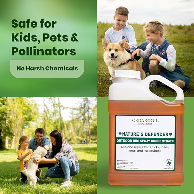 Nature's Defender Outdoor Pest Control Spray – All-Natural Cedarwood Oil Formula for Mosquitoes, Ticks, Fleas, and Ants – Safe for Pets, Kids, & Plants – 128 oz (1Gal) Concentrate Treats 160,000 sq.ft