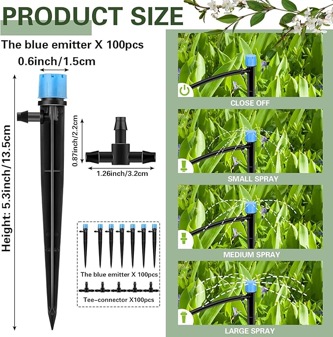 Rossesay 200 Pcs Drip Irrigation Kit for 1/4" Tubing Include 100 Drip Irrigation Emitter Adjustable Fan Shape Drip Irrigation Parts and 100 Barbed Tee Fittings Barbed Connectors for Garden Lawn Patio