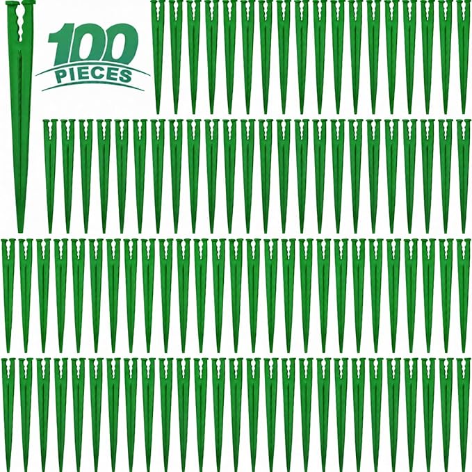 RedChili 100 Pack Irrigation Support Stakes for 1/4 Inch Drip Tubing, Heavy Duty Drip Tubing Hold Down Stakes 1/4" Drip Irrigation Tubing Fittings for Lawn Raised Bed Greenhouse Plant Watering System