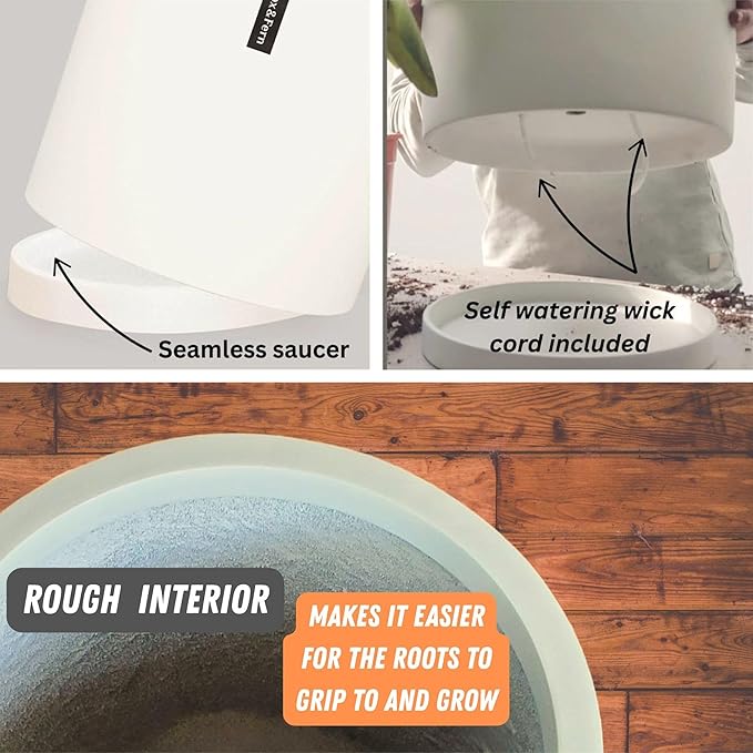 Fox & Fern 10 Inch Plant Pot with Hidden Saucer — Premium Lightweight Fiberstone Matte White Self Watering Planter with Seamless Saucer - Indoor & Outdoor Use - Weather Resistant & UV Resistant