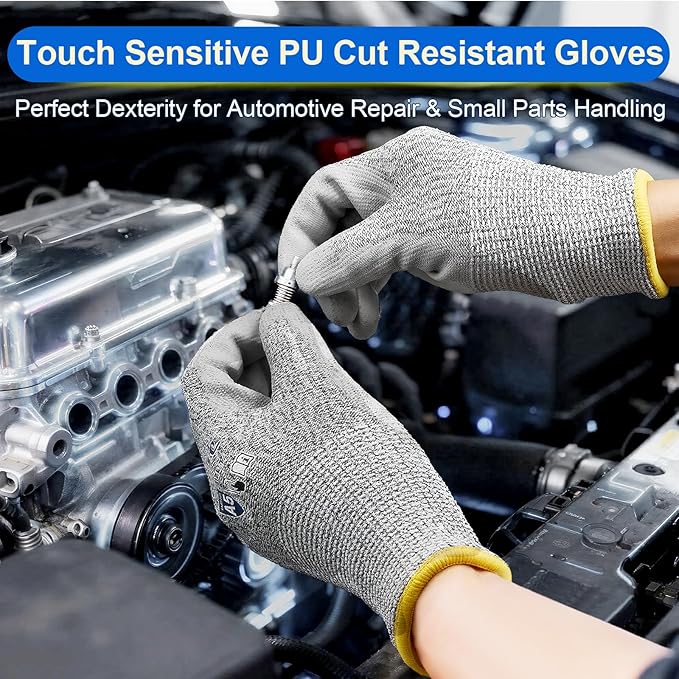 Dowellife Cut Resistant Work Gloves for Men & Women - ANSI A5 & EN388 Level 4, Breathable PU Coated, Grey Non-Marking - for Gardening, Fishing, Automotive, Construction, Wood Carving (Medium, Grey)